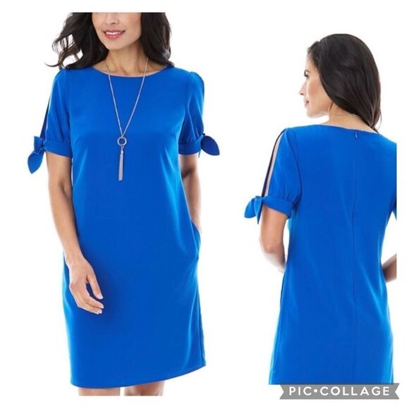 AB STUDIO Cobalt Blue Shift Dress Short Tie Sleeve Zip Pocket Women Sz 4 Career - Picture 1 of 8